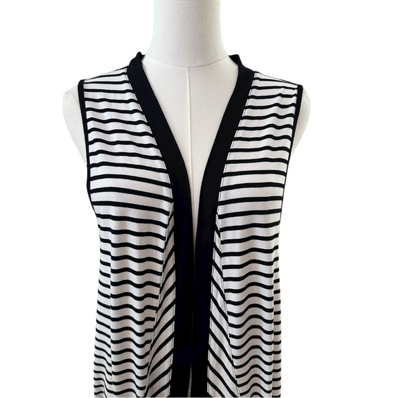 Chico's Women's XL Black White Stripe Open Front Tunic Sleeveless Cardigan Top - Picture 3 of 4